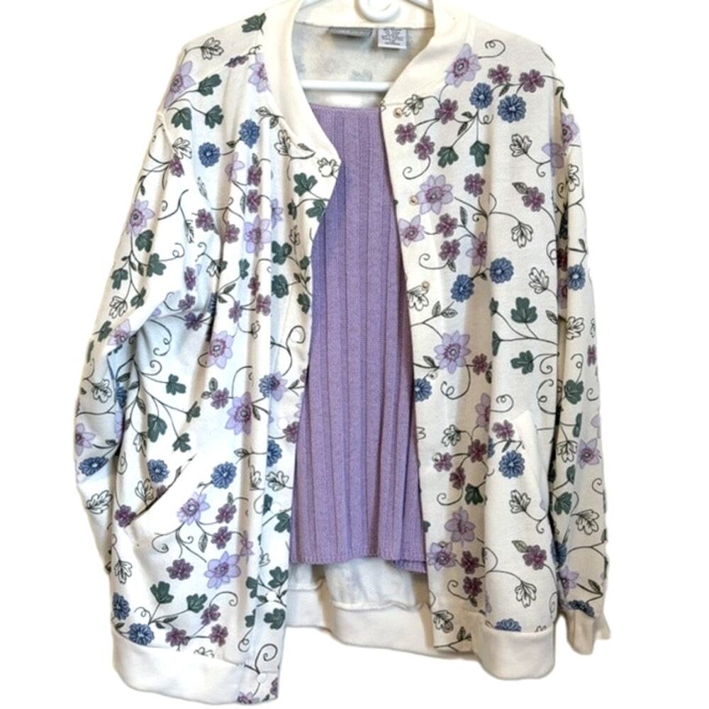 Blair 2-Piece Floral Cardigan Jacket & Purple Knit Top Set Women's Size L